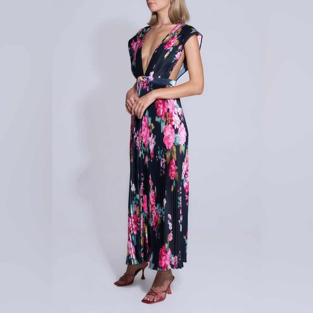 Navy Floral Plunge Maxi Dress with Pleated Skirt